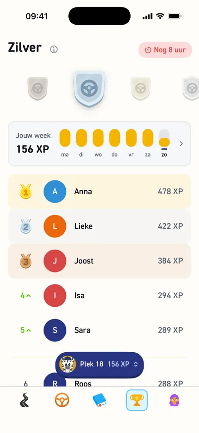 Divisie Zilver: de ladder van divisies, jouw week met 156 XP en de ranglijst van deze week; onderaan de kaart met jouw plek, 18.