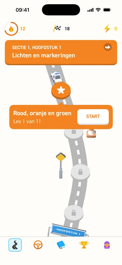 Het lespad in Volgas: hoofdstuk 1, Lichten en markeringen, met de tooltip van les 1, Rood, oranje en groen, en de knop Start.