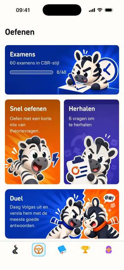 Het tabblad Oefenen met de kaarten Examens (0 van 60), Snel oefenen, Herhalen en Duel: Daag Volgas uit.