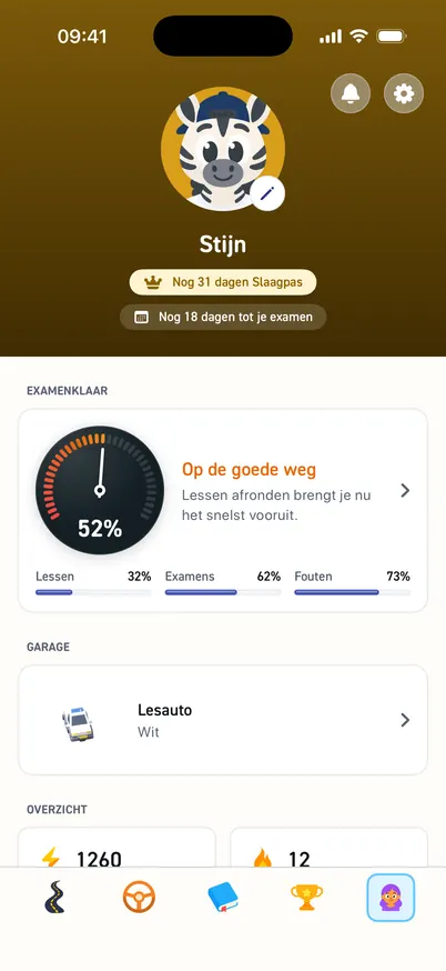 Het profiel van Stijn met de Slaagpas, 18 dagen tot het examen, de examenklaar-meter op 52 procent en de garage met de witte lesauto.