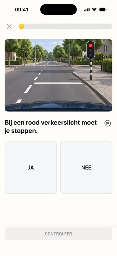Lesvraag bij een foto van een rood verkeerslicht: Bij een rood verkeerslicht moet je stoppen. Antwoorden Ja en Nee, knop Controleer.