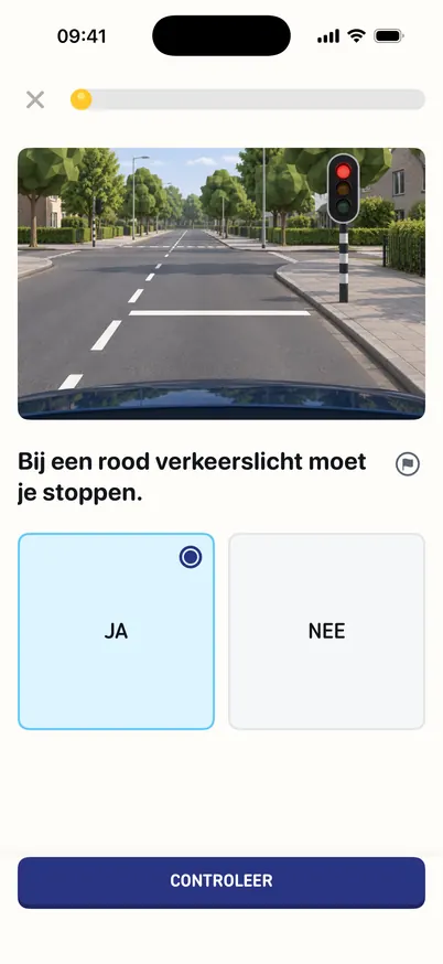 Dezelfde lesvraag met het antwoord Ja gekozen; de knop Controleer is actief.