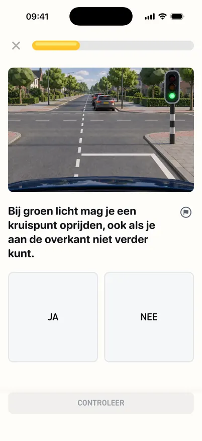 Lesvraag bij een foto van een kruispunt met groen licht en auto's aan de overkant: Bij groen licht mag je een kruispunt oprijden, ook als je aan de overkant niet verder kunt.