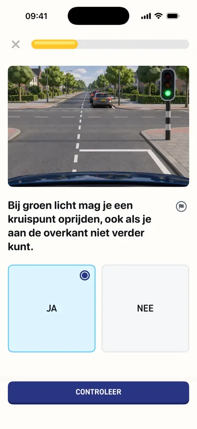Dezelfde lesvraag met het antwoord Ja gekozen; de knop Controleer is actief.