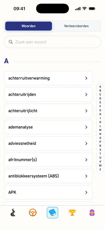 Het woordenboek met de tabs Woorden en Verkeersborden, een zoekveld en begrippen onder de A.